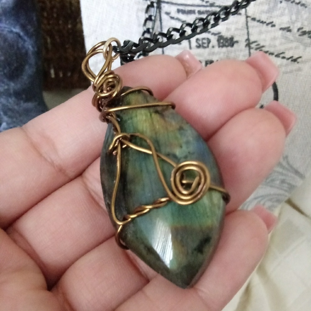 Handmade wire wrapped labradorite crystal